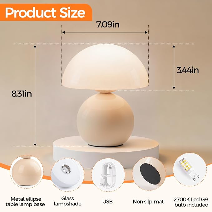 NIORSUN Mushroom Lamp Table Lamp for Bedroom, Portables Cordless Table Lamp,Wireless lamp,Small Bedside Table Touch Lamps for Living Room,Mini Mushroom 5200mAh Battery Operated Lamp Modern Cream