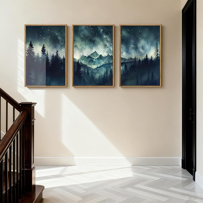 Large Misty Forest Mountain Wall Art Framed Dark Starry Sky Wall Decor Modern Wilderness Art Print for Living Room Bedroom Office 16x24 Inch Set of 3