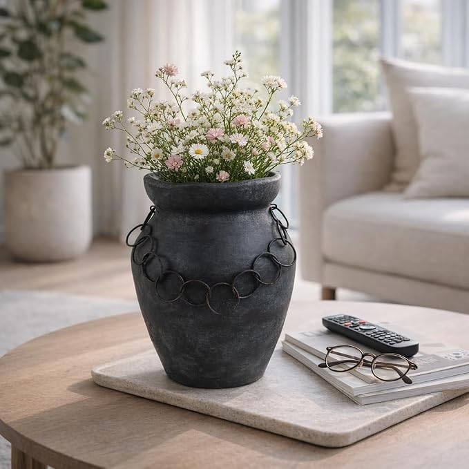 Terracotta Pottery Vase – Decorative Flower Holder for Stems and Greenery, Living Room or Office Tabletop Home Decor, Rustic Metal Chain Accent for Collected, Layered Style – 12", Black