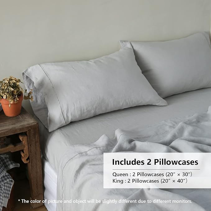 Simple&Opulence 100% French Linen Pillowcase King Size-Set of 2- Washed Solid Color Pillow Cases Embroidered -Soft and Durable (Grey, 20''x40'')