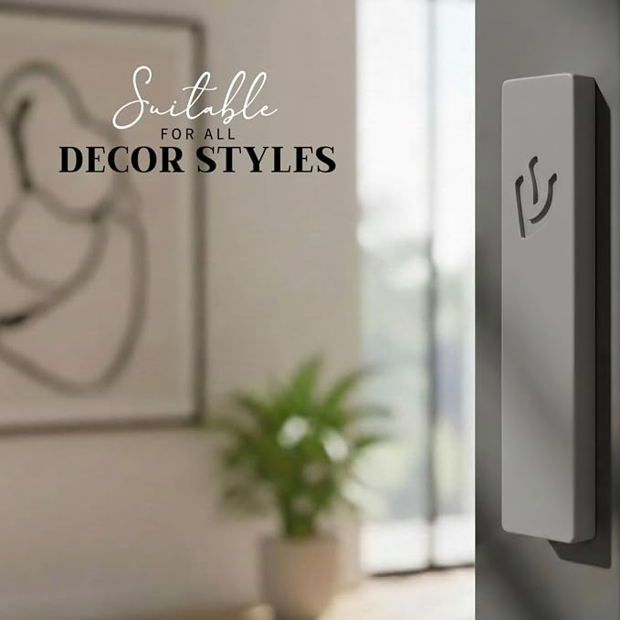SURI Mezuzah for Door – 7 Inch Light Gray Concrete Mezuzah Case with Non Kosher Scroll, Self-Stick Jewish Entry Design, Fits a 6 Inch Scroll, Gift Box Included