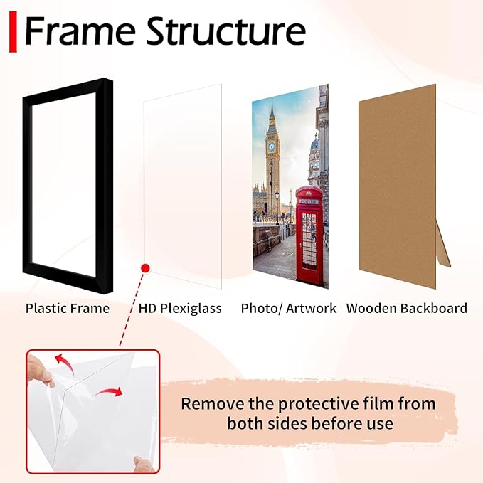 4x6 Picture Frame Set 8 Pack, 4 by 6 Black Photo Frame for Wall or Tabletop Display, Lightweight Poster Frame with Plexiglass, Horizontal or Vertical for Graduation Office Wall Home Decor