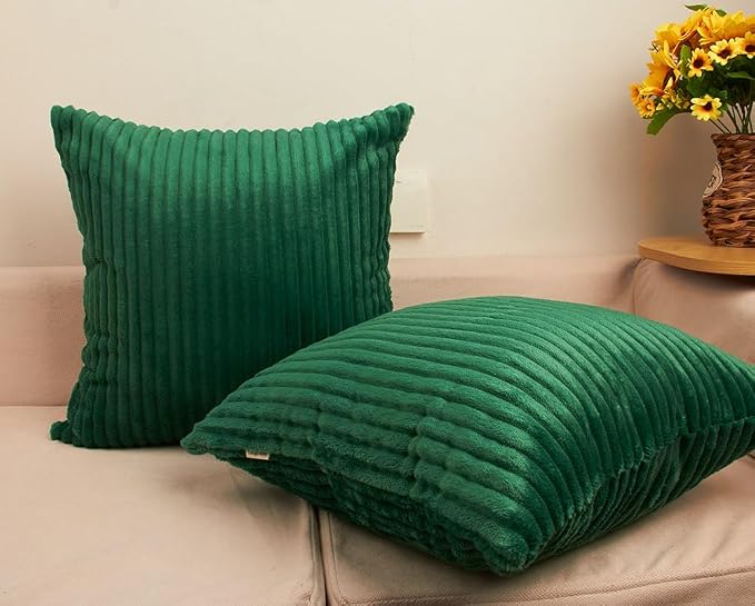 TangDepot Velvet Big Corduroy Pillow Covers 12x12 Deep Green 2-Pack | Soft wide-stripe corduroy pillow cover, hidden zipper, machine washable, easy refresh, for bedroom living room indoor outdoor