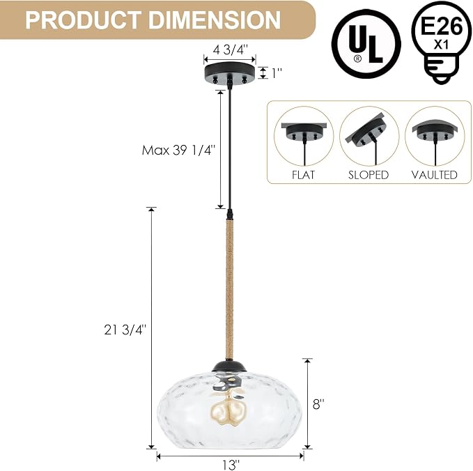 13” Large Hammered Glass Pendant Light Rattan Modern Industrail Chandelier for Kitchen Island Dining Room Hallway, UL Listed