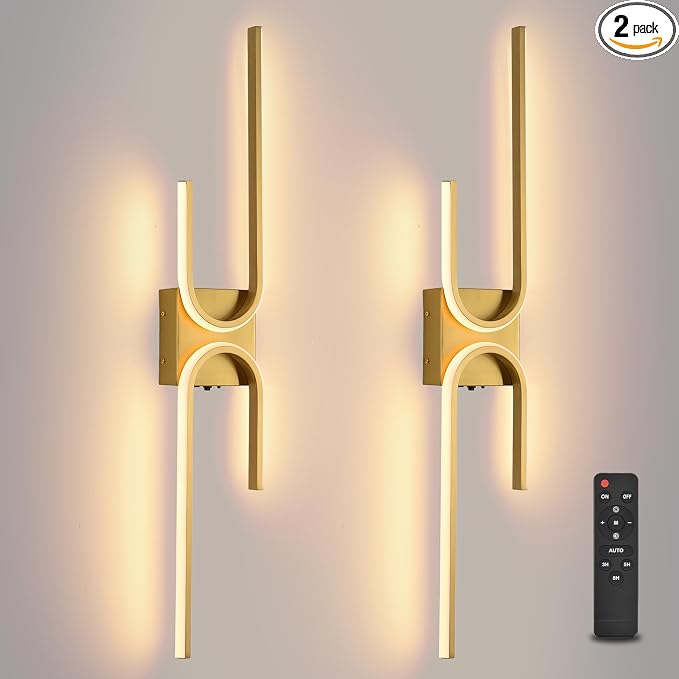 Battery Operated Wall Sconce with Remote Control, USB Rechargeable Wireless Wall Sconce Set of 2, LED Dimmable Wall lamp, 3 Color/Timer/Memory, Gold Wall lights for Bedroom Living Room, 31.5 inch