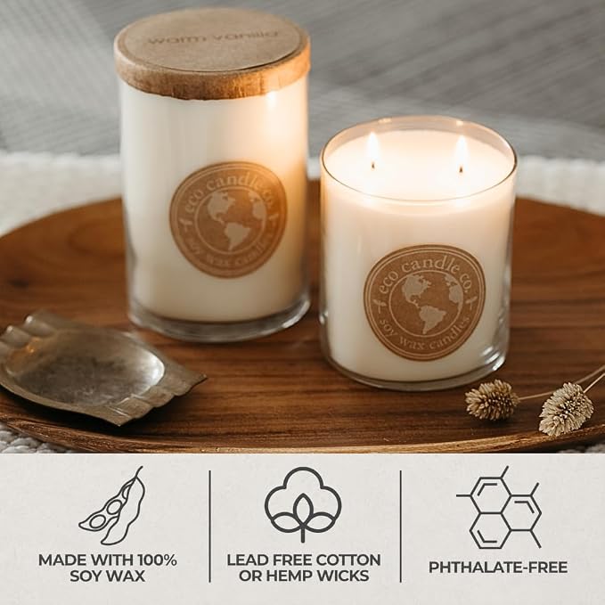 ECO CANDLE CO. Recycled Candle, Clean Sheet Day, 18 oz. Double Wick - Scents of Clean Linens - 100% Soy Wax, No Lead, Kraft Paper Label & Lid, Hand Poured, Phthalate Free, Midwest Grown Soybeans