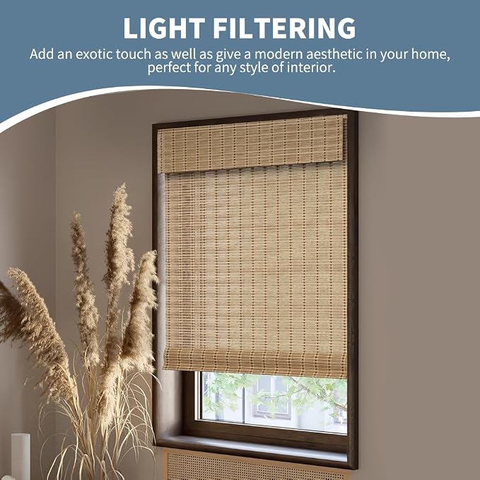 SMONTER Bamboo Roman Shades for Windows-Cordless Wooden Woven Blinds Light Filtering Bamboo Roll up Shades UV Protection and Easy Set up for Door and Countryhouse, 32" W x 64" H, Squirrel