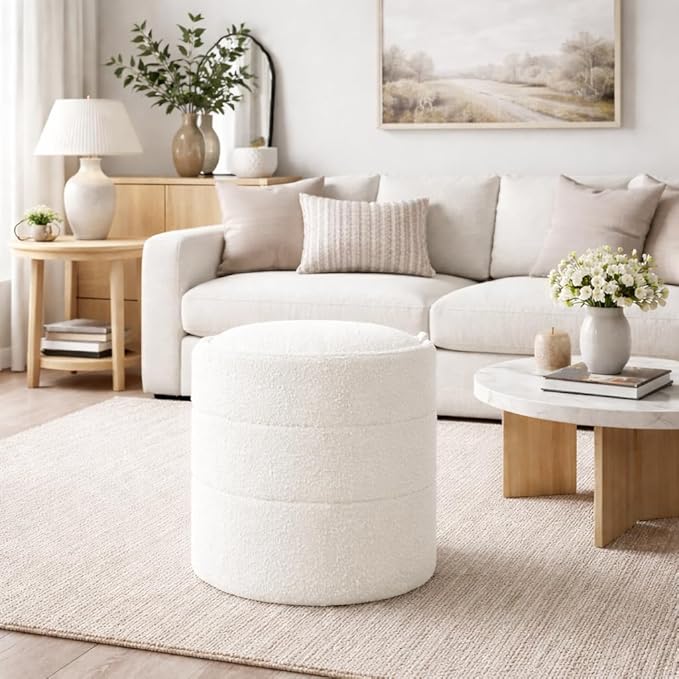 HomePop Storage Round Ottoman with Removable Lid |Homepop Home Décor|Upholstered Round Foot Rest Ottoman - Cream Boucle