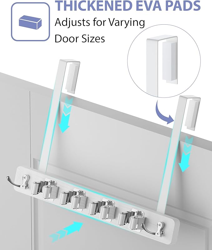 FANGSUN Broom Holder Door Mount Hanging, Over The Door Broom and Mop Organizer with 4 Slots and 4 Hooks, Wooden Tool Rack Storage Hanger for Laundry, Closet, Garage, No Drills
