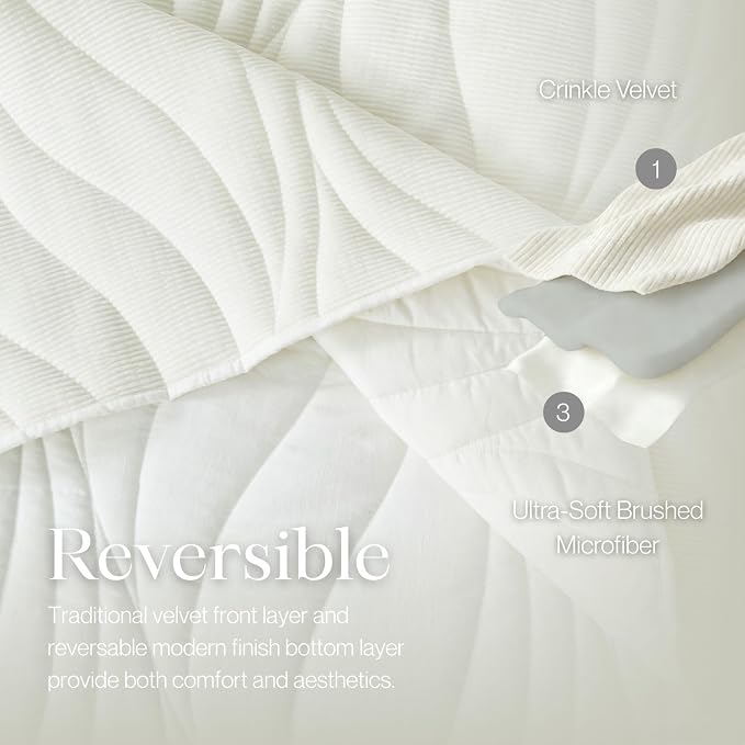 DOWN HOME Crinkle Textured Velvet Quilt Set with Shams, All-Season Luxury Modern Bedding,Easy Care Comforter,Ultra-Soft,Lightweight & Breathable, Cali King, Throne White