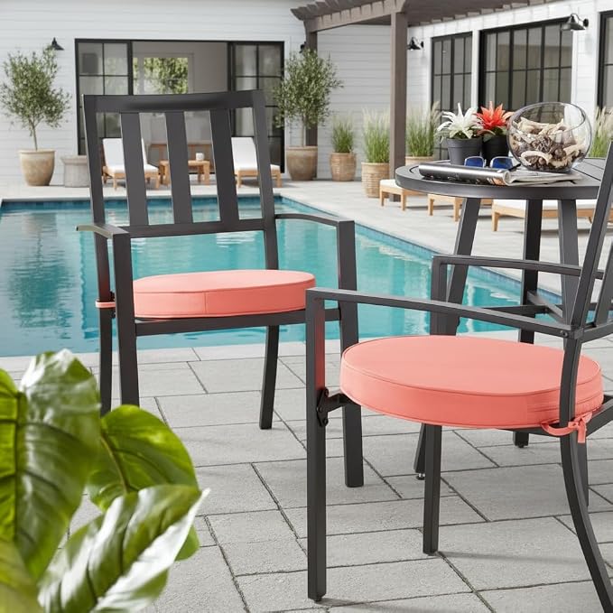 Set of 2 Outdoor 18 inch Round Patio Dining Chair Pads – Comfortable Fiber-Filled Seat Cushions with Ties, Reversible Polyester Fabric, Coral