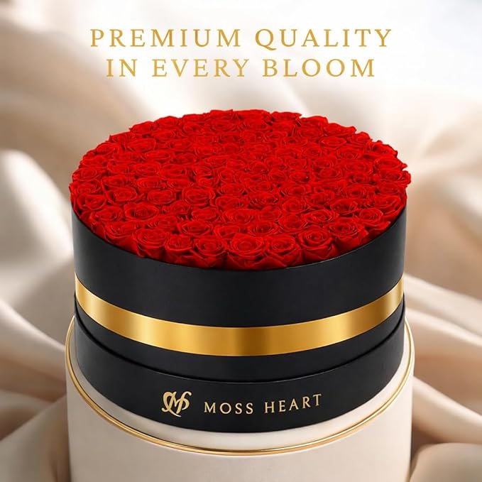 100 Petite Preserved Roses, Large Round Shaped Box, Real Forever Roses Last 1+ Year, Romantic Gift for Women, Wife, Girlfriend, Mother’s Day, Birthday, Anniversary, Valentine’s Day