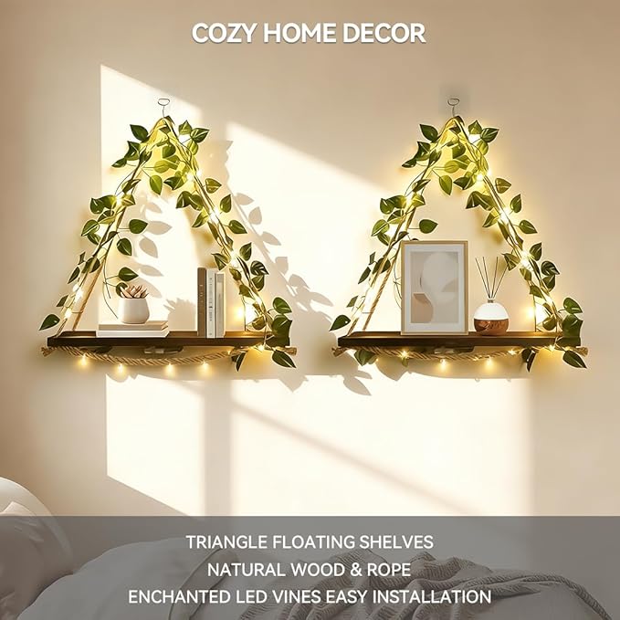 Boho Hanging Shelves for Wall, Set of 2 Wooden Hanging Shelf with LED Lights & Ivy Vines, Decorative Plant Hanging Shelf for Bedroom Living Room Cottagecore Wall Decor