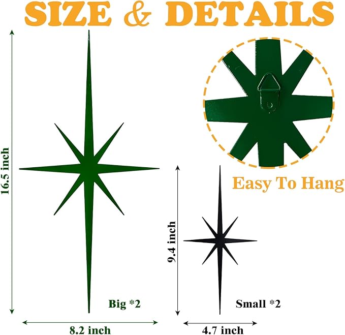 4 Pack Metal Star Wall Art 8 Pointed Starburst Wall Decor Set with 2 Large & 2 Small Pieces Mid Century Celestial Metal Wall Sculpture for Bedroom Living Room Office Gallery Wall