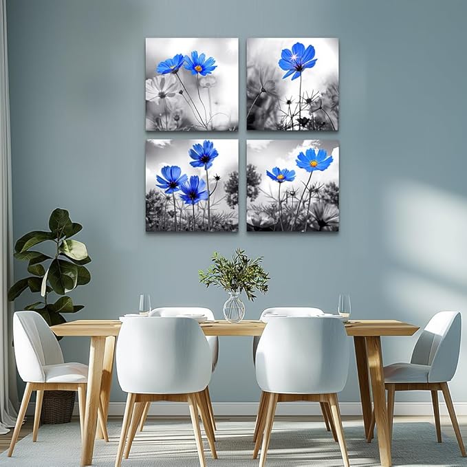 Wall Art For bedroom Black and White cyan blue flower Canvas Wall Decor for Home Decor artwork painting 12" x 12" 4 Pieces Canvas Print For Living Room Decor Modern Salon kitchen Still Life Painting