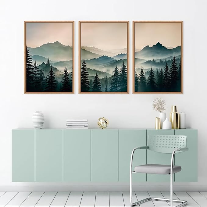 HPNIUB Large Green Mountain Framed Canvas Wall Art,Boho Foggy Forest Wall Decor,Modern Watercolor Pine Tree Wall Painting,Nature Mountains Landscape Art Print for Living Room,Bedroom,Office- 24"x36"x3