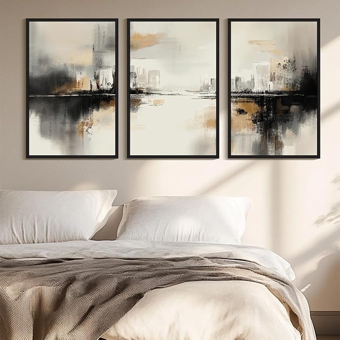 PHOPAGO Black Gray Abstract Landscape Framed Wall Art Huge 24x36in Brown Tan Neutral Wall Decor Minimalist Modern Illustrations Prints Bedroom Home Decor - Black Framed