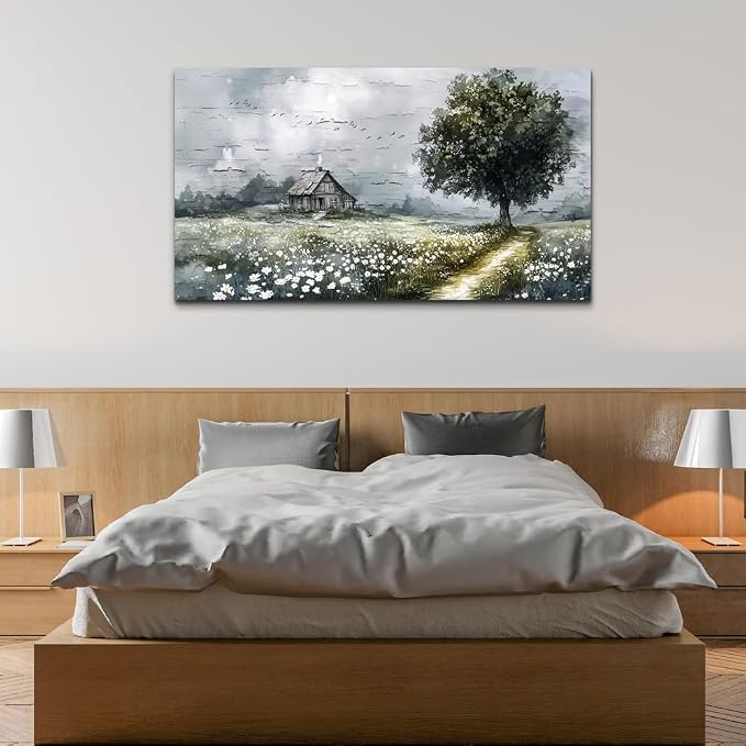 ERQINHUA Gray Canvas Wall Art For Living Room Farmhouse Wall Decor For Bedroom Office Decorations Field scenery Paintings Tree Landscape Wall Pictures Artwork Ready to Hang for Home Decor 20"X40"