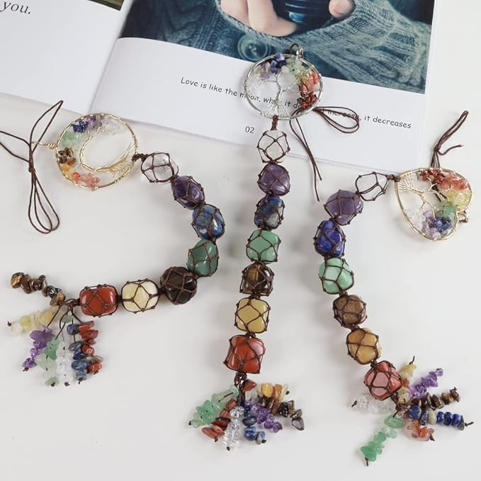 Anjiucc 7 Chakra Stone Healing Crystal Tree of Life Wall Hanging Home Interior Decoration，Window Decoration，Yoga Meditation