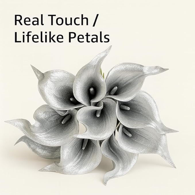 Floral Kingdom 20 Pack Artificial Calla Lily Flowers 14 Inch Silver Real Touch Faux Calla Lilies for Home Decor, Table Centerpieces, Living Room & Weddings