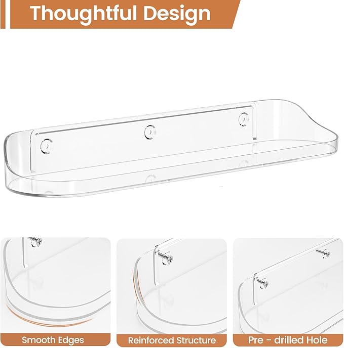 SpaceWhisper Floating Shelves for Wall, 6-Pack 15" Wall Shelves for Bathroom, Bedroom, Kitchen, Living Room, Display Hanging Shelf Organizer for Book, Picture Ledge, Figure Storage, Room Decor (Clear)