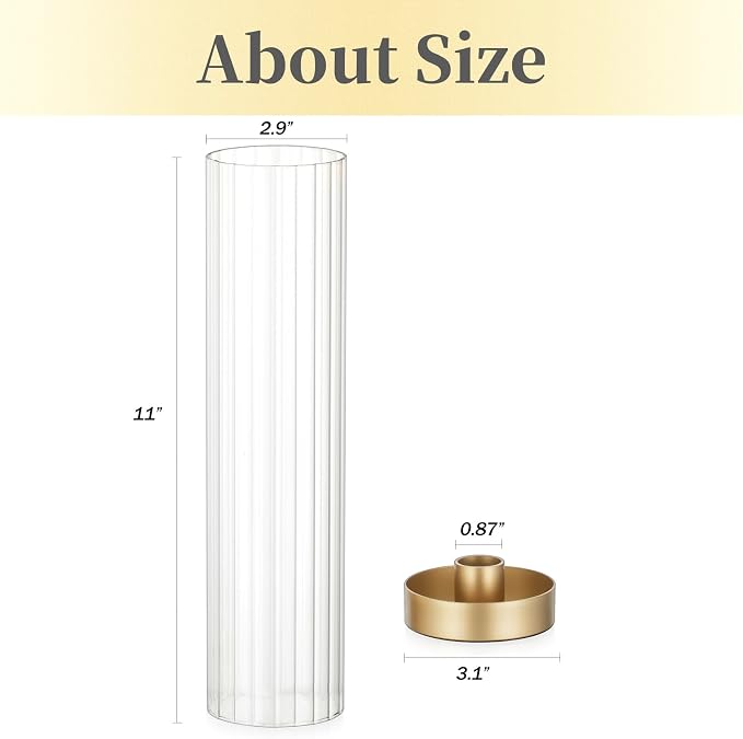 Hewory Hurricane Glass Candle Holders: Set of 2 Gold Candlestick Holders with 11" Tall Clear Cylinder Hurricane Cover, Taper Candle Holder for Wedding Table Centerpiece Party Christmas Home Decor
