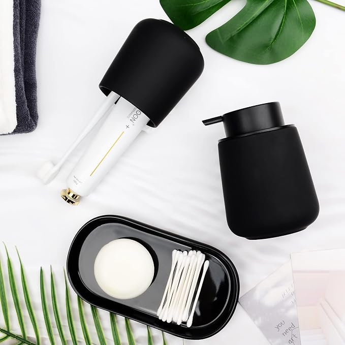 BosilunLife Ceramic Bathroom Accessories Set 3 Pcs, Foaming Soap Dispenser and Toothbrush Holder with Tray, Modern Farmhouse Vanity Decor, Black Housewarming Gift