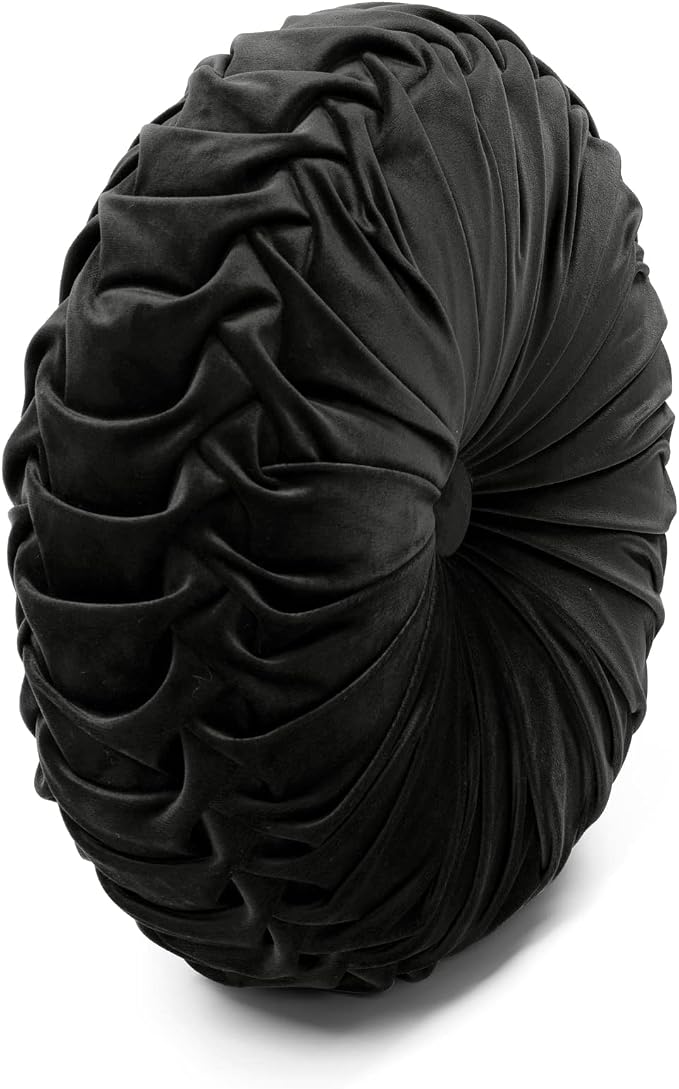 Lush Decor Round Pleated Soft Velvet Decorative Throw Pillow, 1 Count, 15" Diameter, Black - Plush Round Pillow, Seat Cushion, Decorative Pillows for Bed, Couch, Or Chair (Pack of 2)