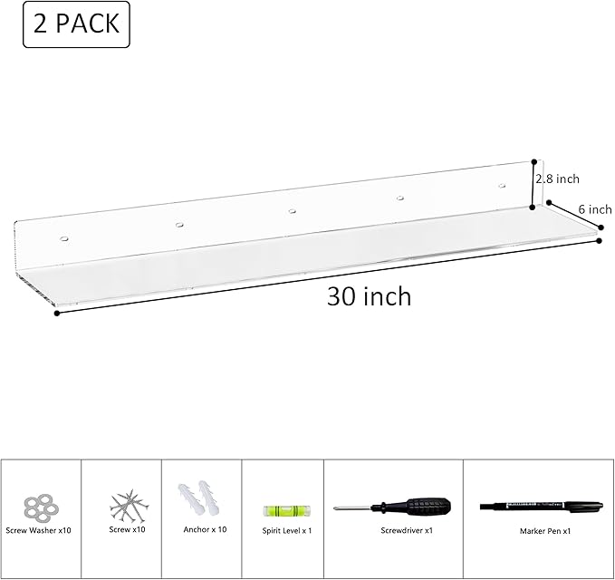 Sezanrpt 30 Inches Clear Long Floating Shelves for Wall, Acrylic Wall Shelf for Plants, Radio, Funko Pop, Books, Picture Frame, Clock, Cosmetics, Toiletries, 2 Pack(30 Inch)