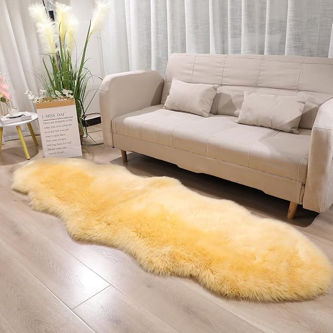 AOGELAN Premium Genuine Sheepskin Rug, Real Australia Sheepskin Natural Lambskin Fur Area Rug Seat Covers for Kids Bedroom Sofa Chair Cover Pets Dogs Mat Double Pelt/2FT*6FT Golden Yellow