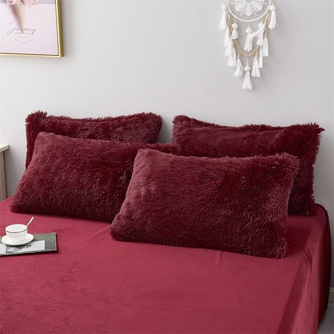 chovy Faux Fur Plush Wine Red Comforter Sets Twin/Full Size - Ultra Soft Shaggy Flannel Velvet Fluffy Fuzzy 3PC Bedding Set (Comforter x 1 Pillowcases x 2)