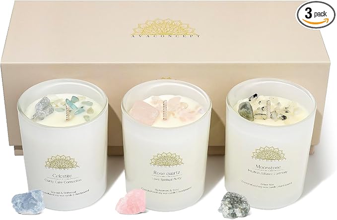 AvaConcept Healing Crystal Candle Gift Set – Set of 3 Celestite, Rose Quartz & Moonstone Hand-Poured Soy Wax Sea Salt Driftwood, Blackcurrant Rose & Amber Noir Aromatherapy Scents Premium Gift Box