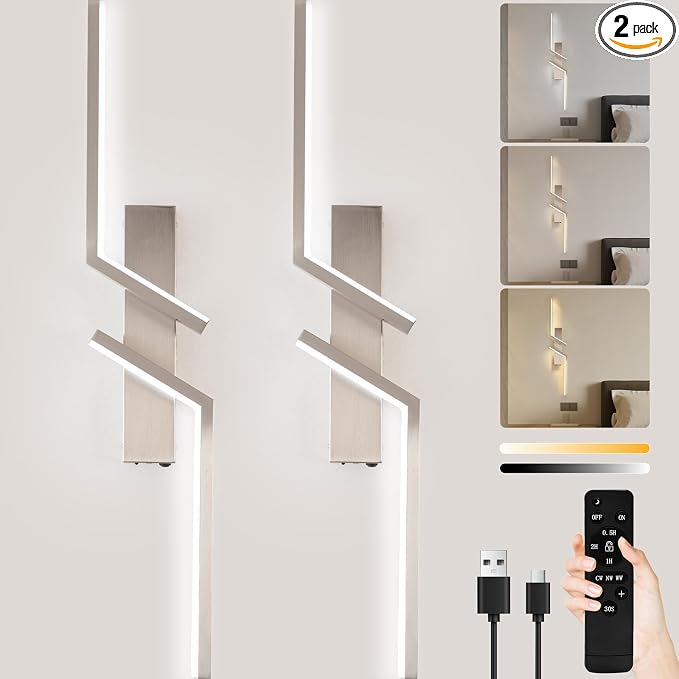 Rechargeable Wireless Wall Sconces, No Hardwiring Modern Wall Sconces Set of 2, Battery Operated LED Wall Lights with Remote, 3000K-6500K Dimmable Sand Nickel Wall Sconce for Bedroom Living Room etc