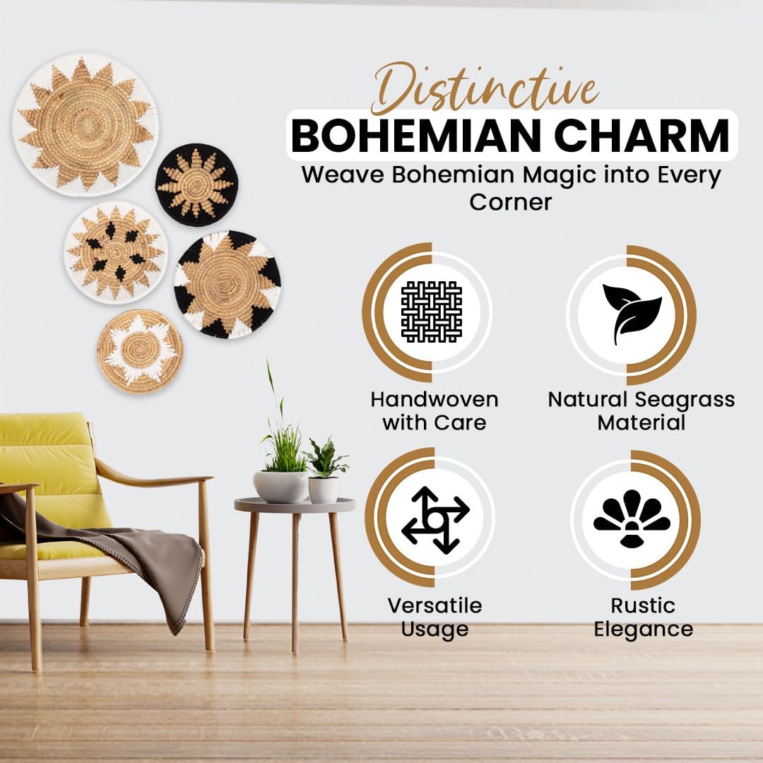 Tebie At Home Boho Wall Art - Boho Wall Baskets Decor - Handmade Set of 5 Woven Baskets With Seagrass - Flat Elegant Art for Farmhouse and Rattan Decor for Living Room, Bedroom and Office