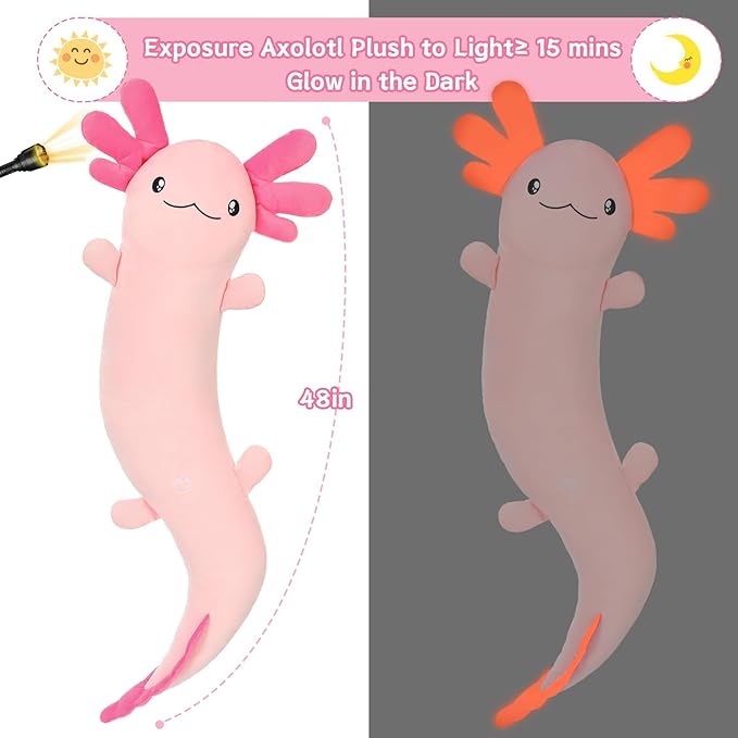 MaoGoLan Giant Axolotl Plush Body Pillow for Girls, Hot Pink Axolotl Stuffed Animal for Kids Adults, Large Salamander Plush Glow in The Dark, Holiday Birthday Easter