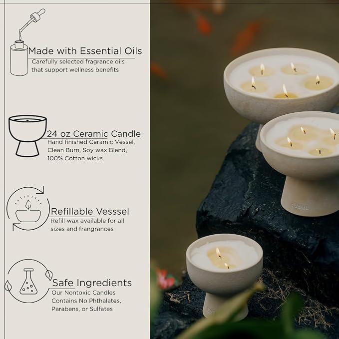 Blueme Balance Candle | White Lotus & Tea | 4 Wick - Refillable Wellness Candle with Essential Oils, Hand Finished & Poured Soy Wax Blend Ceramic Vessel, Natural Cotton Wicks | Large 24 oz