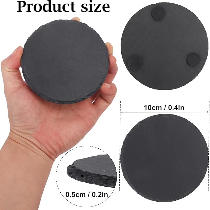50 Pack 4 Inch Round Slate Coasters for Drinks, Black Stone Coasters with Anti-Scratch Bottom, Ideal for Home Decor, Bar, Housewarming Gifts, and Laser Engraving KUKLIPJIM