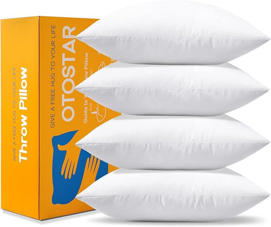 OTOSTAR Pack of 4 Throw Pillow Inserts, 18 x 18 Square Cushion Inner Soft Fluffy Plump Stuffer Cushion Pads White Decorative Pillow Inserts