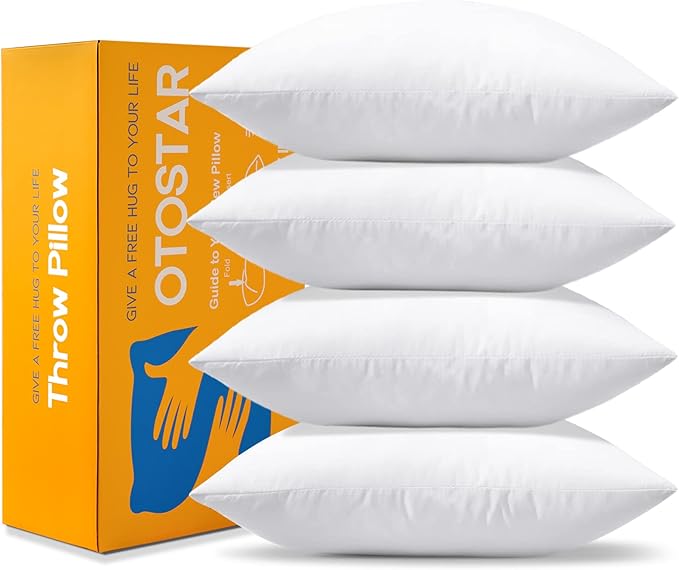 OTOSTAR Pack of 4 Throw Pillow Inserts, 16 x 16 Square Cushion Inner Soft Fluffy Plump Stuffer Cushion Pads White Decorative Pillow Inserts