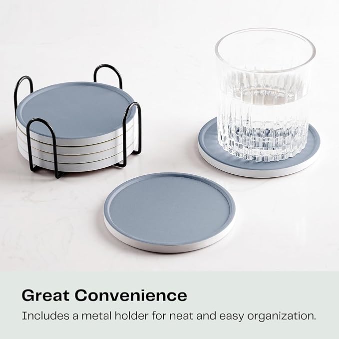 Set of 6 Dusty Blue Coasters with Holder, Absorbent Ceramic Drink Coasters with Cork Backing for Table Protection, Table Decor, Housewarming Gifts