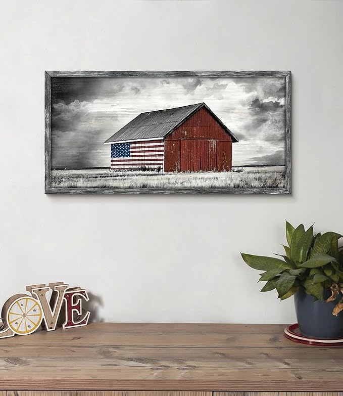 Barn Picture Framed Wall Art: Rustic Black White Farmhouse American Flag Print Wood Decor Horizontal Patriotic Country Farm Artwork Panoramic Living Room Nature Landscape Rural Countryside Scene Painting for Home Bedroom