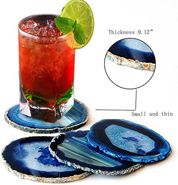 JIC Gem 3.5-4'' Dyed Blue Color Sliced Brazilian Agate Coasters Polished Natural Geode with Rubber Bumpers for Small Size Cup Home Decoration Set of 4
