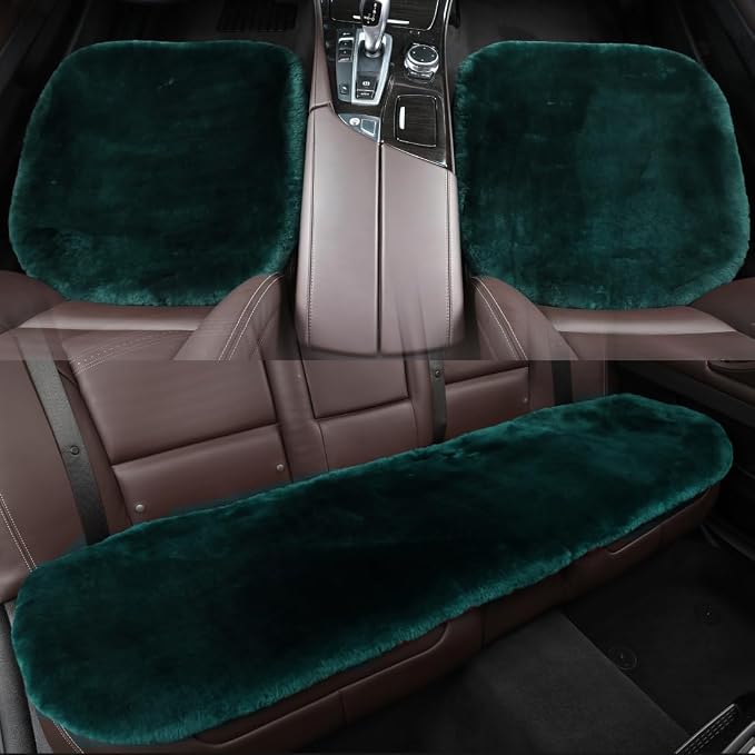 OGLAND Fuzzy Genuine Sheepskin Car Rear Seat Cover for Kids Dogs Pets Auto Bench Back Cushion Interior Accessories with Soft Fluffy Wool Natural Fur, Apline Green