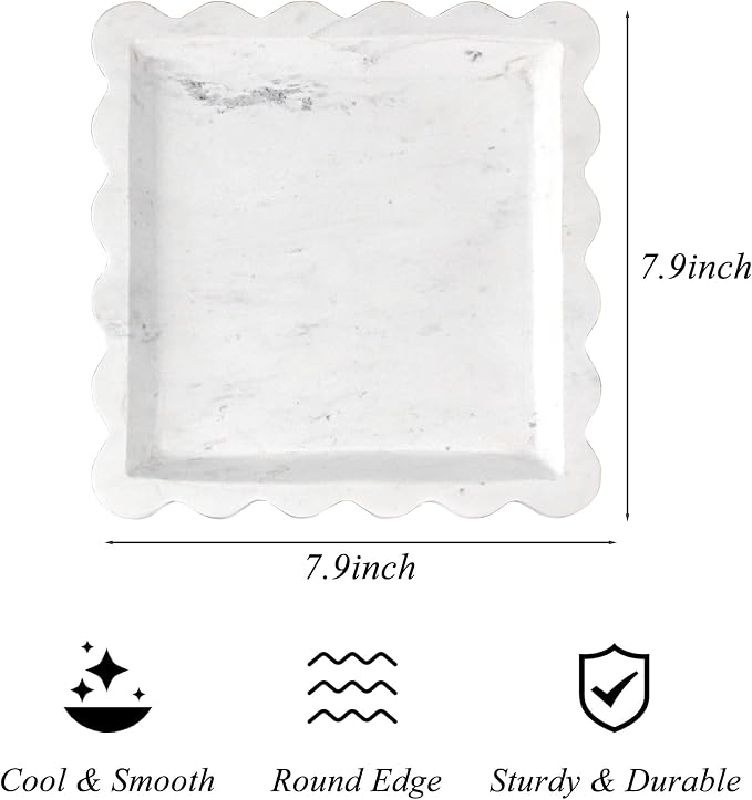 Square Marble Vanity Tray with Scalloped Edge - Natural Marble Perfume Tray Decor for Dresser, Vanity, Kitchen, Home Decor, Decorative Square Stone Tray - White 8 * 8 inch