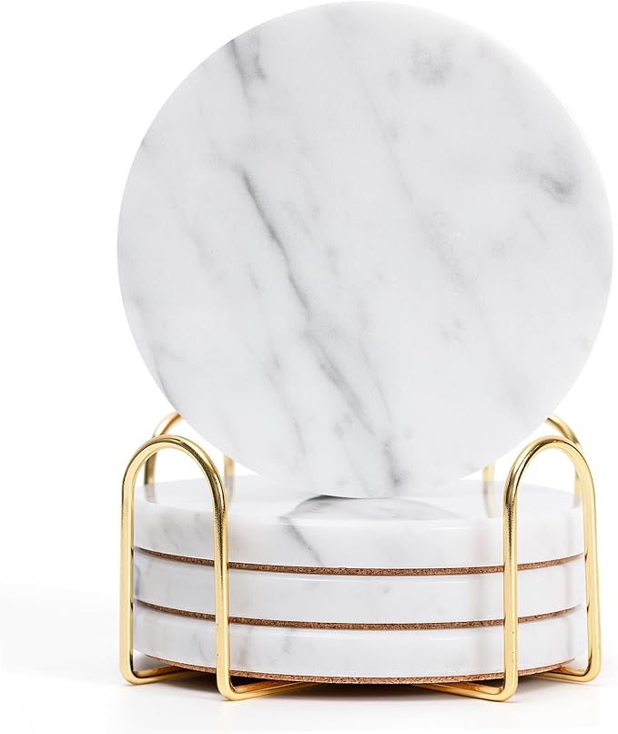 Soft White Marble Coasters Set of 4 with Holder, Elegant Drink Coasters for Coffee Table, 4" Polished Natural White Stone Coaster with Grey Veins – Heat Resistant, Non-Slip, Housewarming Gift