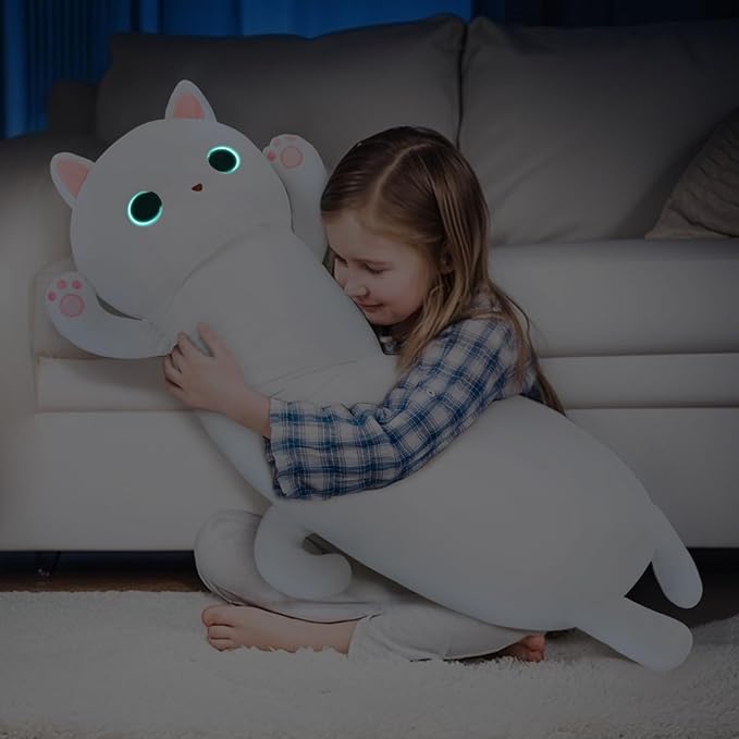 MaoGoLan Long Cat Plush Body Pillow, 44'' Giant White Glow in The Dark Cat Stuffed Animal Toy for Girl Boy Kid, Big Cute Kitty Plush Throw Pillow for Valentines Birthday Gift, Baby Shower Party Decor