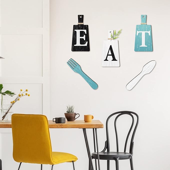Jetec Cutting Board Eat Sign Set Hanging Art Kitchen Eat Sign Farmhouse Fork and Spoon Wall Decor Rustic Primitive Country Kitchen Decor for Home over Cabinet Decoration(Black, White, Teal)