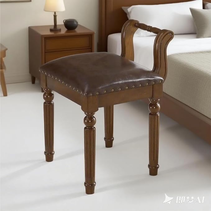 Leather Ottoman Vanity Stool,Brown Chair for Makeup Room,Upholstered Fabric Vanity Bench Seat for Bedroom Living Room Dining Room Makeup Chair Piano (Walnut, 23×17×15)