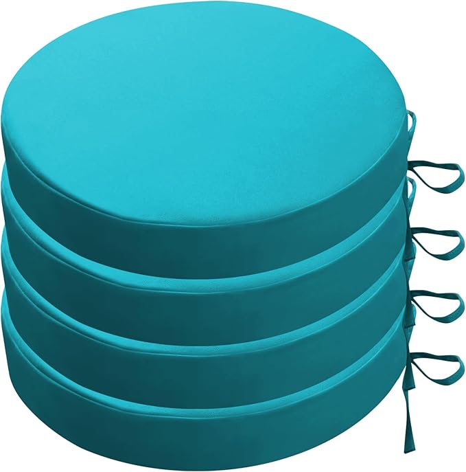 SK Studio Round Outdoor Chair Cushions for Patio Furniture, Set of 4 Waterproof Patio Chair Cushion with Adjustable Ties for Garden Sofa Couch, Blue, 17"x17"x3"