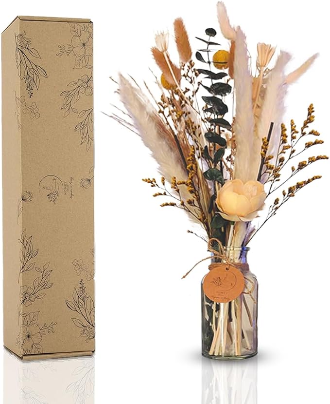 Homey Breeze Natural Dried Pampas Grass Decor with Vase - 15 Inches 23 Pcs 10 Styles, Pampas Grass with Vase Included - Small Pampas Grass for Home Decor, Wedding, Party, Birthday